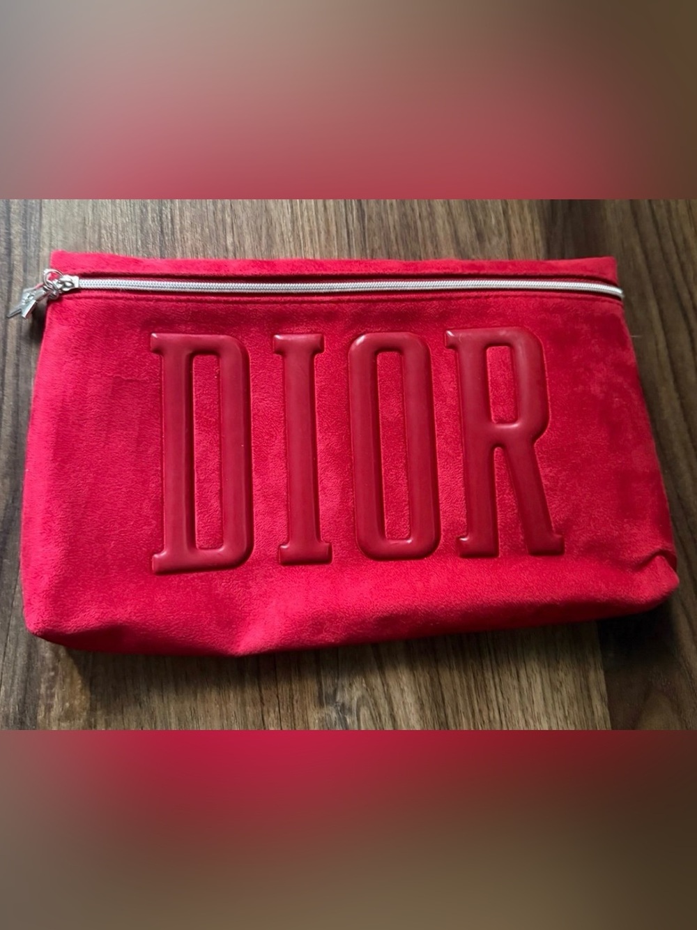 DIOR Beaute✨❤️🩶GWP Red Suede Logo Zip Pouch
